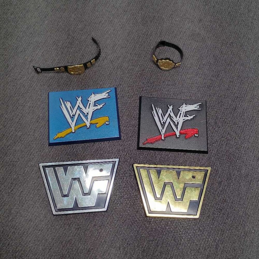 WWE WWF Championship Belt & Ring Logo Stand Accessory Lot 1999 Jakks Toy Biz